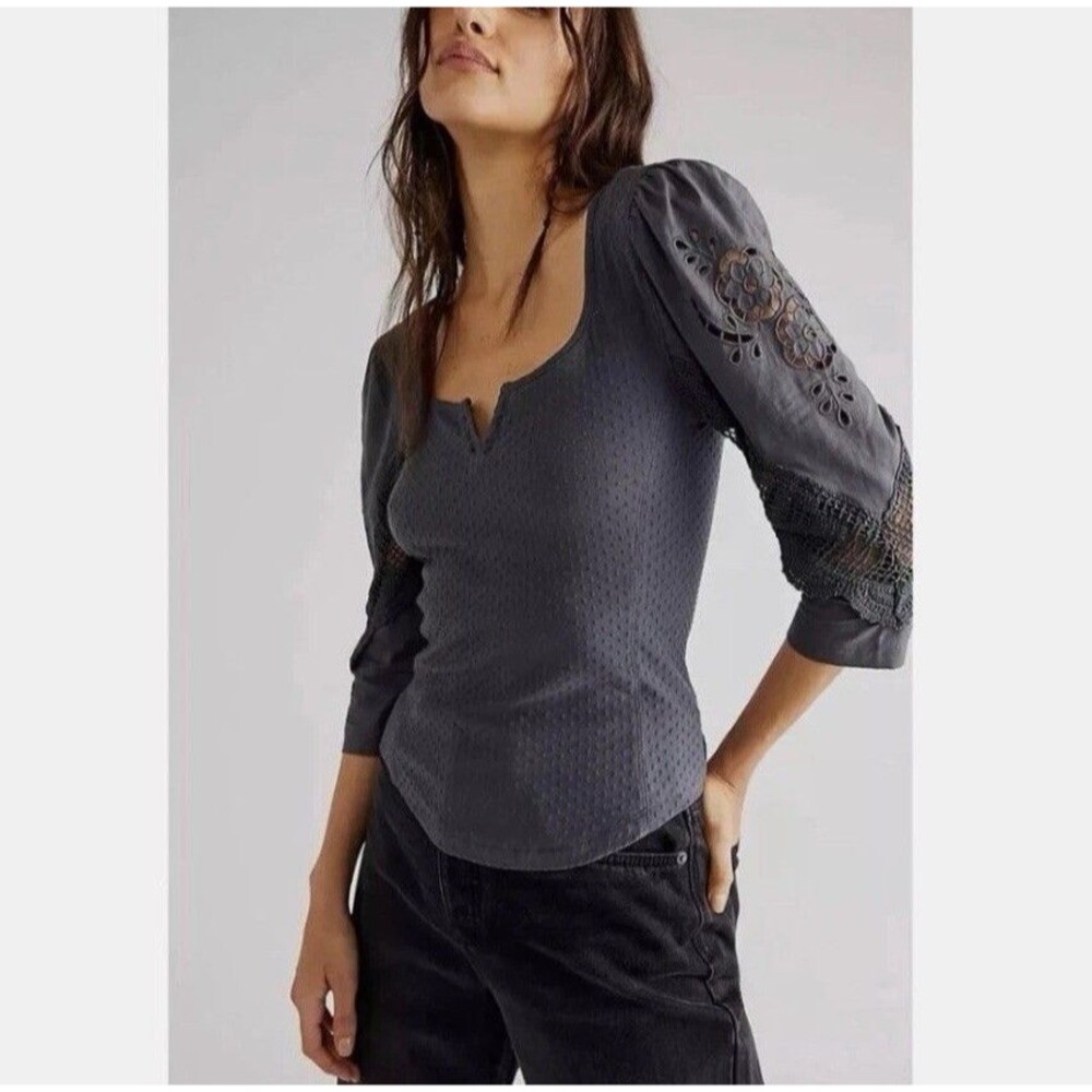 Free People Top Brunch Date Henley Lace 3/4 Sleeve Gray Small NWT $78 OB1237597